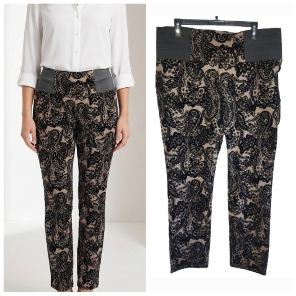 Signature Studio tan and black flocked paisley print pants Women's size XL NWT